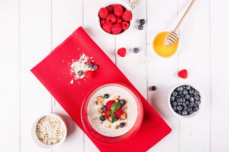 Oat Cereal Porridge Fruit Breakfast Top Flatlayの写真素材