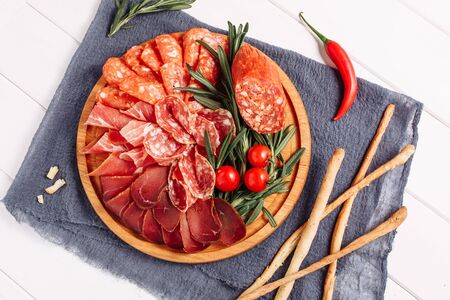 Salami Meat Board Platter Dried Slice Flat Layの写真素材