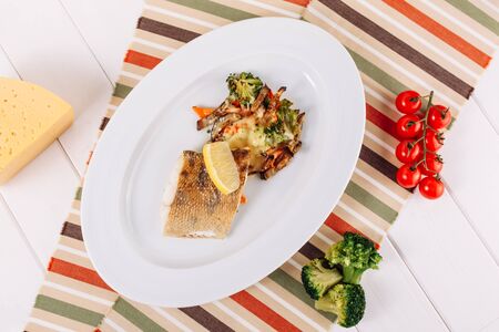 Baked White Fish Fillet Grill Vegetable Top Viewの写真素材