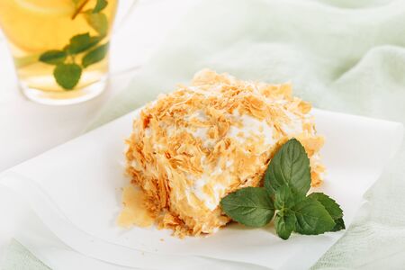 Napoleon Cake Custard Cream Dessert Portion Teaの写真素材