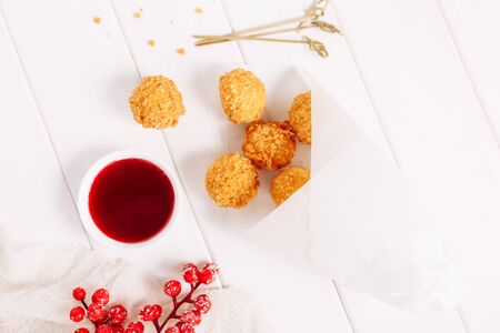 Fried Cheese Balls Cranberry Sauce Top Flat Layの写真素材