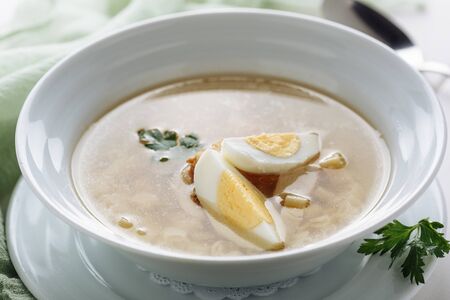 Chicken Noodle Soup Egg Yolk Closeup Macro Viewの写真素材