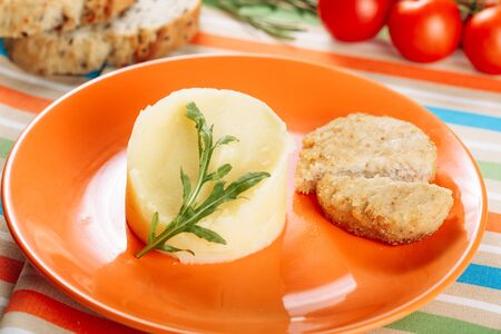 Mashed Potato Chicken Cutlet in Orange Plateの写真素材