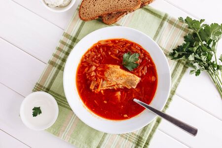 Ukrainian Red Borscht Bowl Dinner Food Top Viewの写真素材