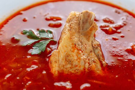 Ukrainian Red Borscht Pork Meat Close-up Side Viewの写真素材