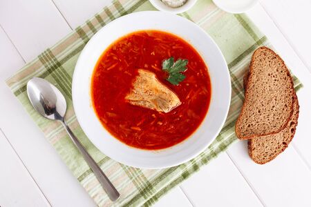 Ukrainian Red Borscht Bowl Parsley Top Flat Layの写真素材