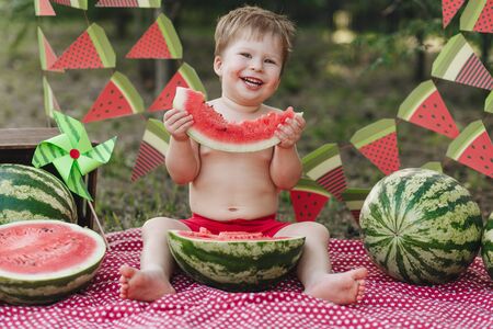 Little boy eating watermelon red in the garden sitting on the grass. Happy smiling faceの写真素材