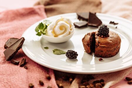 chocolate Fondan with syrup and ice-cream on a plate decorated with mint leavesの写真素材
