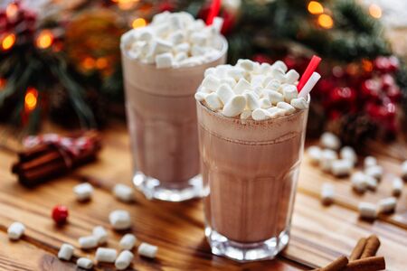 Homemade two Cocoa glasses with Marshmallows. Hot winter drink on wooden Backdrop decorated with cinamon sticks and fir branchesの写真素材