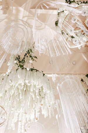 amazing luxury decorated place ceiling for wedding reception, catering in restaurantの写真素材