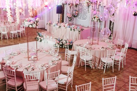 Table decorated for wedding or another catered event dinnerの写真素材