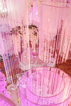 amazing luxury decorated place ceiling for wedding reception, catering in restaurantの写真素材