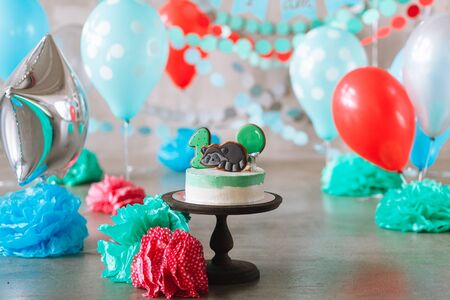 Baby first birthday cake in decorated studio roomの写真素材