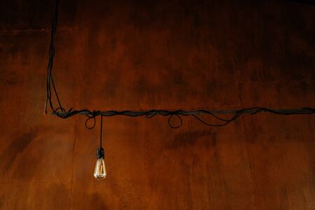 Light Bulb with Electric Cord on Rusty Metal Wall Background Copy Space. Industrial Pendant Lamp. Loft Vintage Grunge Style Interior and Edison Lightbulb. Classical Illumination Equipmentの写真素材