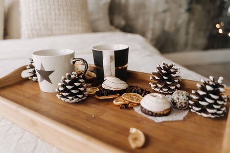 Snowy Pine Tree Cones, Cup, Cookies and Dry Citrusの写真素材