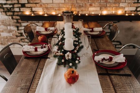 Xmas Wooden Dinner Table Decorated Candlestickの写真素材