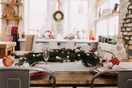 Christmas Candlestick with Candles and Flatwareの写真素材