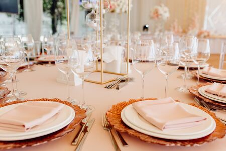 Settings Dishware on Table Closeup Photography. Napkin on White Plates for Delicious Meal, Two Types...
