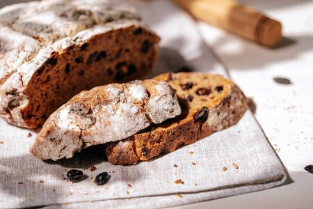 Bread Cut Pieces with Crispy Crust and Raisinsの写真素材