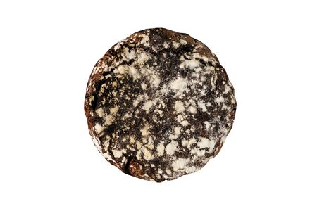 Dark Brown Bread Isolated on White Background Top View Photography. Rye Flavoring Cooked Round Loaf of Organic Whole Wheat Healthy Tasty Food Covered with Flour. Home Made Bakeryの写真素材