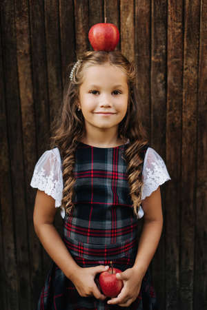 Pretty Girl Hold Red Apples Wooden Door Background