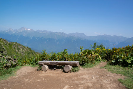 a bench made of wooden trunks in the mountains in summer with a view of the mountainsの写真素材