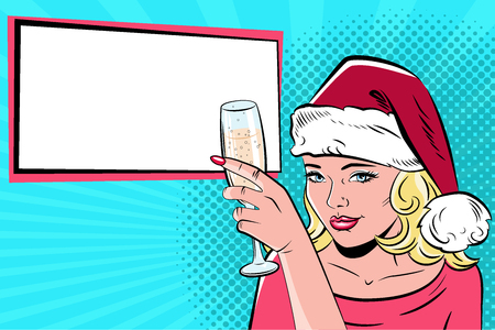 Beautiful woman in Santa Claus hat in the pop art comics style. Vector.のイラスト素材