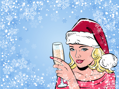 Beautiful girl drinking champagne. Illustration in pop art style. Retro background.のイラスト素材
