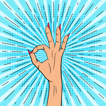 Female hand shows ok sign. Illustration in pop art style. Vector.のイラスト素材