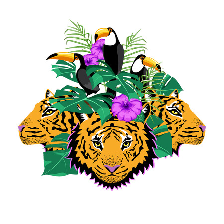 Composition for printing on t-shirts, bags, clothes. Tigers, tropical flowers and leaves.のイラスト素材