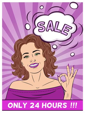 Young beautiful woman showing ok sign. Smile. Speech bubble. Vector illustration in pop art style.のイラスト素材