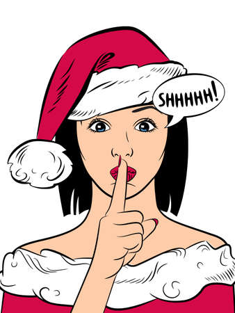 A beautiful girl in a Santa Claus hat put her finger to her lips. New Year poster. Vector.のイラスト素材