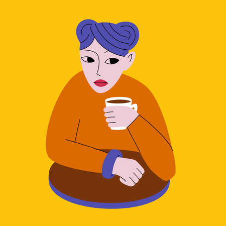 An image of a young woman who drinks coffee. Fashionable style. Vector.のイラスト素材