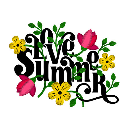Love summer. Handwritten words decorated with decorative flowers and leaves. Suitable for posters, t-shirts, postcards. Vector illustration.のイラスト素材