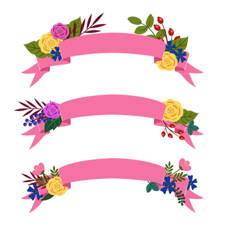 Decorative ribbons decorated with flowers. Colorful vector illustration.のイラスト素材