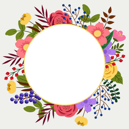 Template for greeting card, poster, banner. Decorated with beautiful flowers and leaves. Vector illustration.のイラスト素材