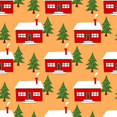 Christmas seamless pattern. Lovely red houses and green Christmas trees. Vector illustration.のイラスト素材