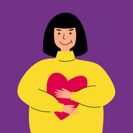 A young beautiful girl holds a heart in her hands. Colorful illustration for Valentines day.のイラスト素材