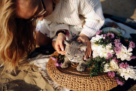 Top view of a woman in glasses and a white broadcast sweater lying on the beach with her kitten breed Scottish Rectangular gray at sunset. The cat lies on a straw bag near the flowers.の写真素材