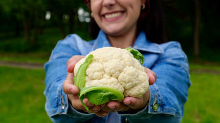 Happy vegetarian woman, housewife keeps fresh cauliflower in her organic garden and smiles, farmer with cauliflower during harvest. Healthy food vegetarian diet vegetable close upの写真素材