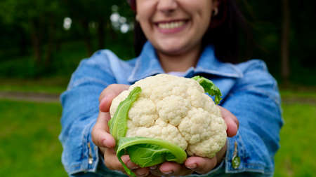 Happy vegetarian woman, housewife keeps fresh cauliflower in her organic garden and smiles, farmer with cauliflower during harvest. Healthy food vegetarian diet vegetable close upの写真素材
