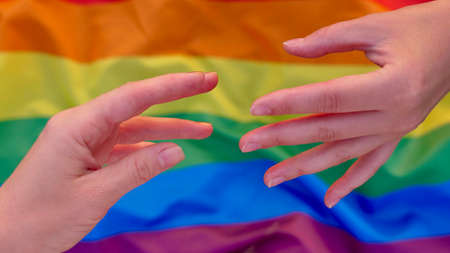Parody of the mural Creation of Adam on the background of the LGBT flag during the celebration of...