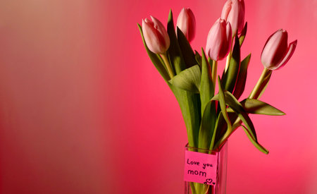 Spring tulip flowers on pink background rotating, close-up with space for paste text. International Mothers Day. Sticker I love you mom, copy space , neon magenta lightの写真素材