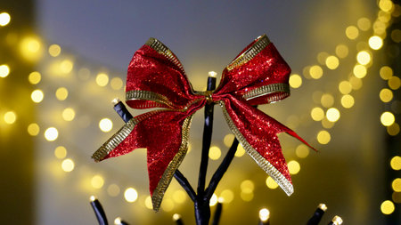 A festive red bow on a decorative Christmas tree against the background of Christmas lanterns on New...
