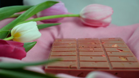 A bar of pink ruby chocolate with sublimated freeze-dried strawberries and almonds and spring tulip...