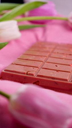 A bar of pink ruby chocolate with sublimated freeze-dried strawberries and almonds and spring tulip...