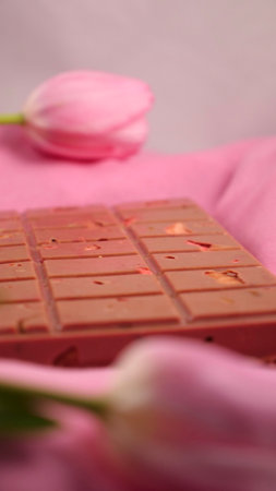 A bar of pink ruby chocolate with sublimated freeze-dried strawberries and almonds and spring tulip...