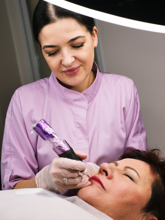 Permanent makeup artist tattoos a beautiful woman over 50 years old in a beauty salon on the clients face. Verticalの写真素材