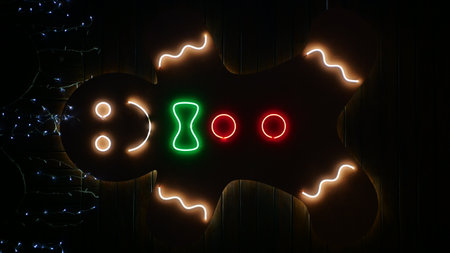 Street Christmas, New Year decoration made of led lamps in the form of gingerbread man. Close-up, in...