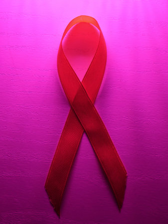 A red fabric awareness ribbon, symbolizing the fight against HIV AIDS, placed against a vibrant pink, magenta textured background. Ideal for World AIDS Day campaignsの写真素材